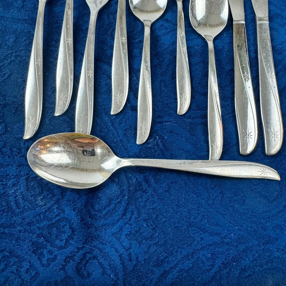 Vintage Oneida Community Twin Star Stainless Flatware 10pc MCM Starburst 1959